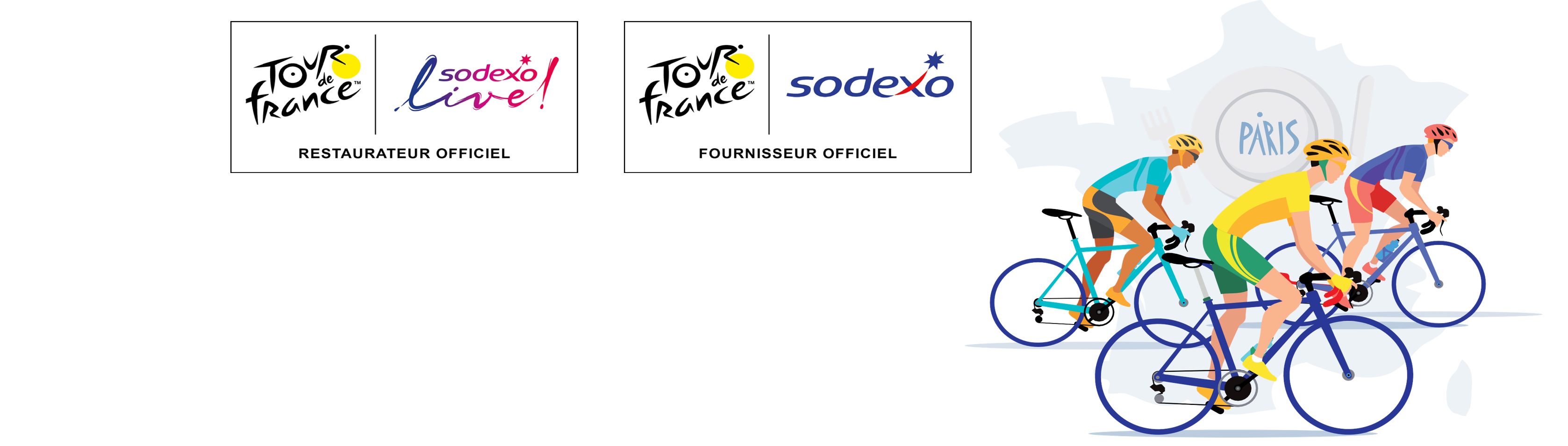 Bannière fond blanc avec une illustration de cyclistes avec la carte de France en fond et les logos Sodexo, Sodexo Live ! et Tour de France